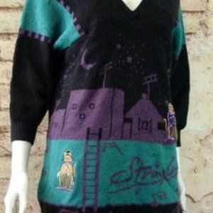 Novelty Stray Cats sweater / sweater dress (mini) cartoon.   100% wool.